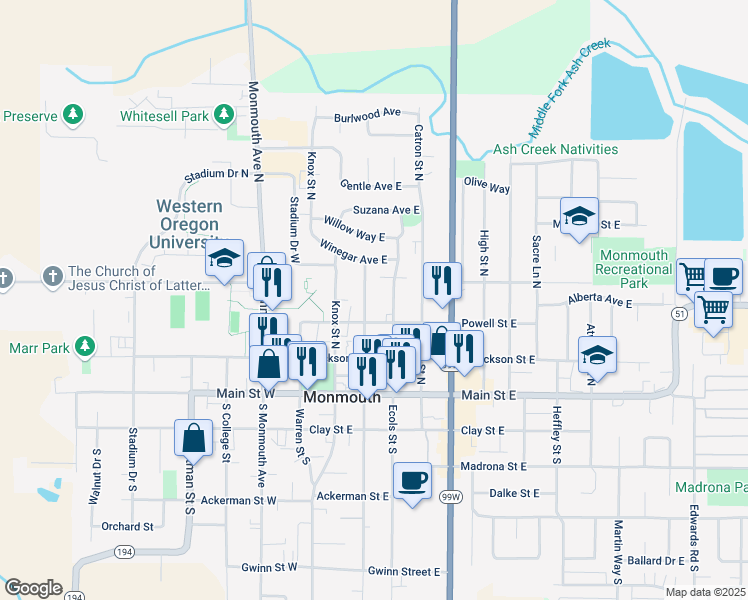 map of restaurants, bars, coffee shops, grocery stores, and more near 351 Broad Street North in Monmouth