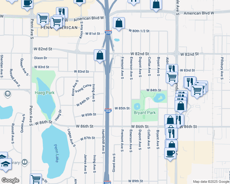 map of restaurants, bars, coffee shops, grocery stores, and more near 8350 Fremont Avenue South in Minneapolis