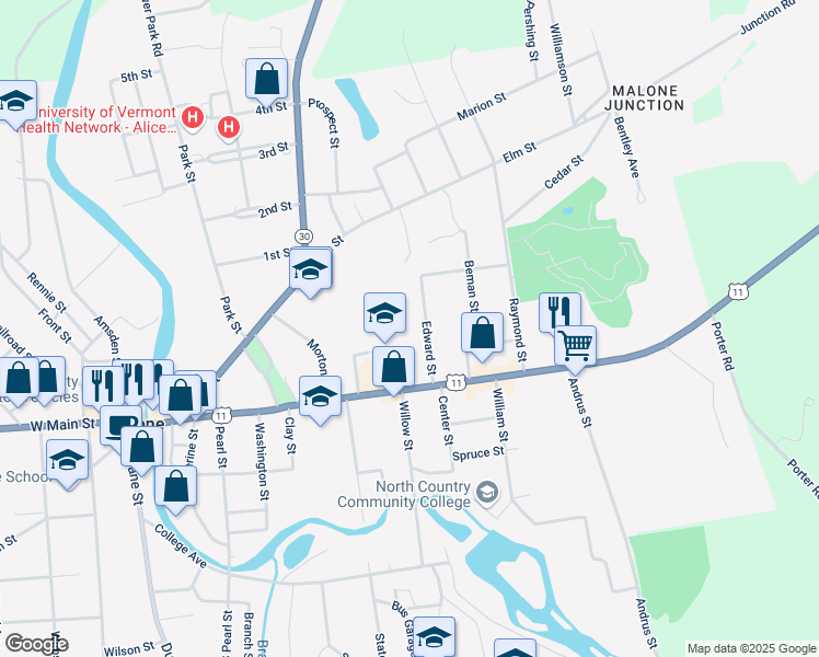map of restaurants, bars, coffee shops, grocery stores, and more near 36 Edward St in Malone