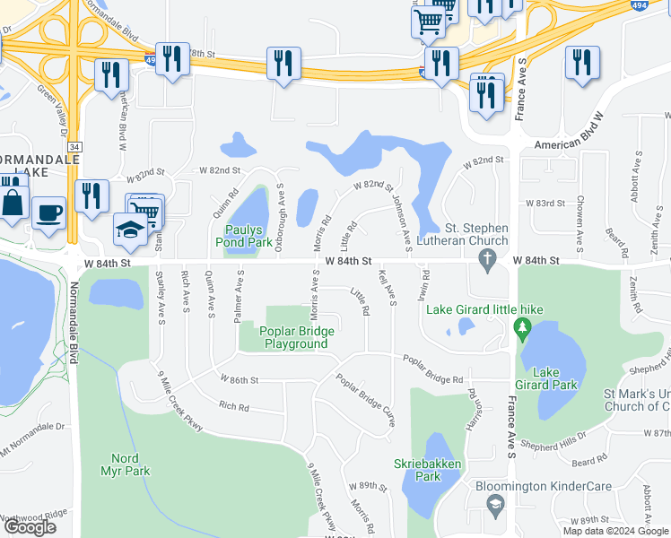 map of restaurants, bars, coffee shops, grocery stores, and more near 4517 West 84th Street in Minneapolis