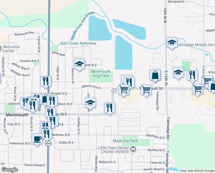 map of restaurants, bars, coffee shops, grocery stores, and more near 1352 Alberta Avenue East in Monmouth
