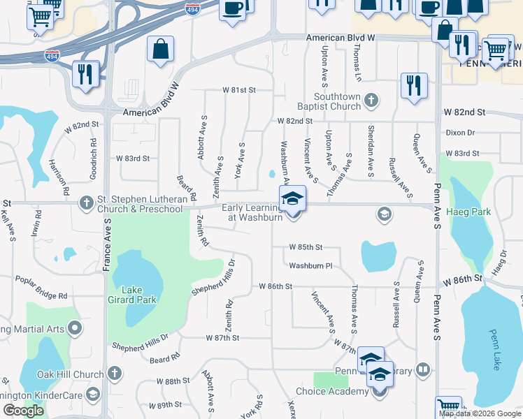map of restaurants, bars, coffee shops, grocery stores, and more near 3111 West 84th Street in Minneapolis