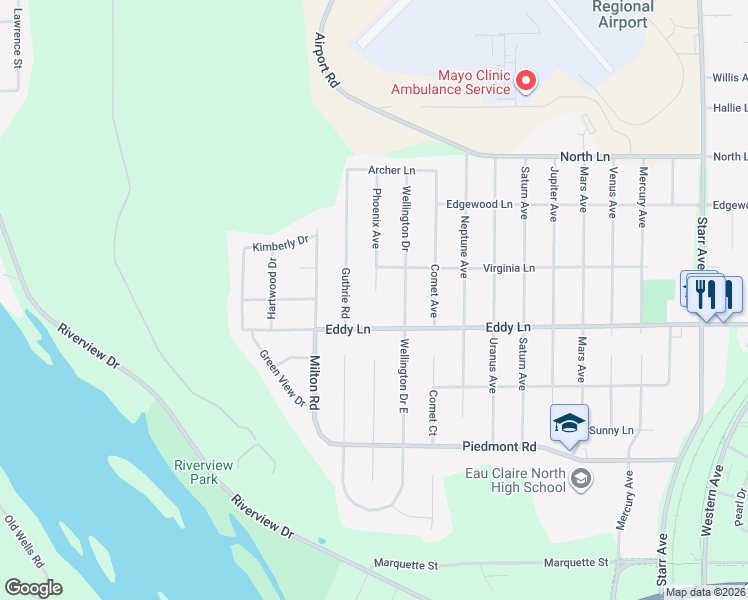 map of restaurants, bars, coffee shops, grocery stores, and more near 3032 Phoenix Avenue in Eau Claire