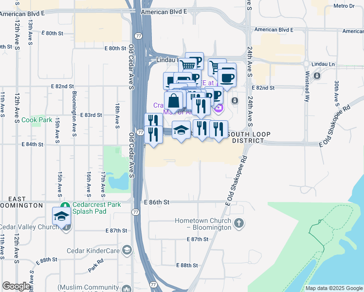 map of restaurants, bars, coffee shops, grocery stores, and more near 2051 Killebrew Drive in Bloomington