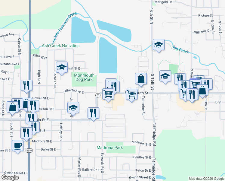 map of restaurants, bars, coffee shops, grocery stores, and more near 1510 Monmouth Independence Highway in Monmouth