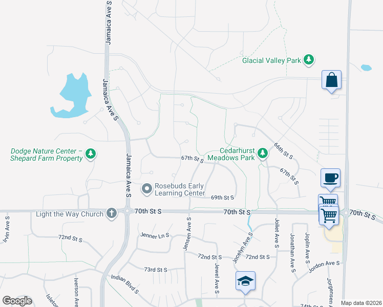 map of restaurants, bars, coffee shops, grocery stores, and more near 9340 67th Street South in Cottage Grove