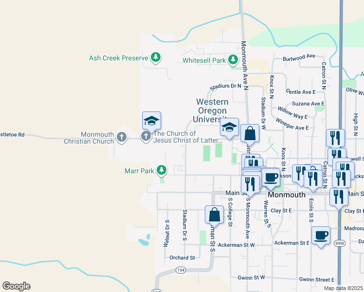 map of restaurants, bars, coffee shops, grocery stores, and more near 356 Stadium Drive North in Monmouth