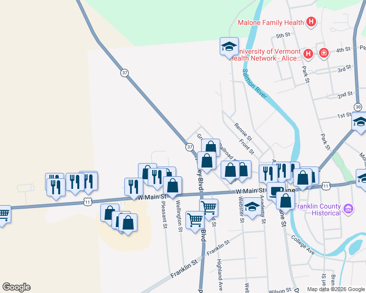 map of restaurants, bars, coffee shops, grocery stores, and more near 90 Fort Covington St in Malone