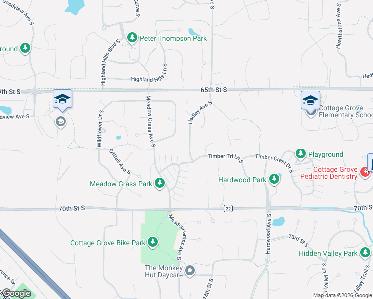 map of restaurants, bars, coffee shops, grocery stores, and more near 6744 Hadley Avenue South in Cottage Grove