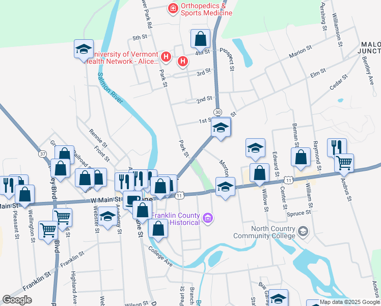 map of restaurants, bars, coffee shops, grocery stores, and more near 64 Elm Street in Malone