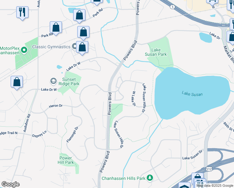 map of restaurants, bars, coffee shops, grocery stores, and more near 8409 Burlwood Drive in Chanhassen