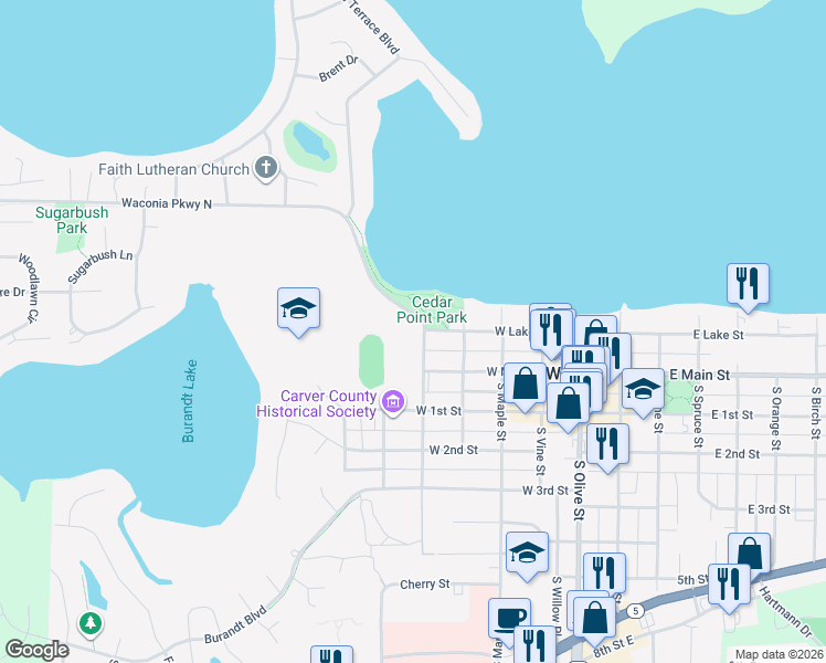 map of restaurants, bars, coffee shops, grocery stores, and more near 101 North Walnut Street in Waconia