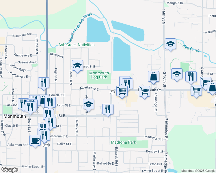 map of restaurants, bars, coffee shops, grocery stores, and more near 1352 Alberta Avenue East in Monmouth