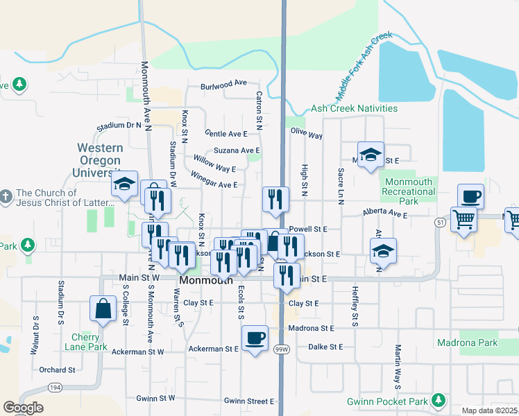 map of restaurants, bars, coffee shops, grocery stores, and more near 354 Catron Street North in Monmouth