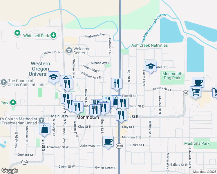 map of restaurants, bars, coffee shops, grocery stores, and more near 354 Catron Street North in Monmouth