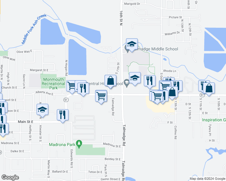 map of restaurants, bars, coffee shops, grocery stores, and more near 1650 Monmouth Independence Highway in Independence