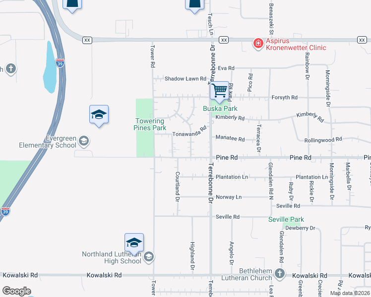 map of restaurants, bars, coffee shops, grocery stores, and more near 2305 Downing Dr in Mosinee