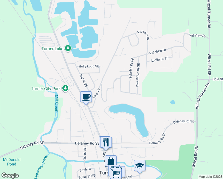 map of restaurants, bars, coffee shops, grocery stores, and more near 7245 Eastwood Court Southeast in Turner