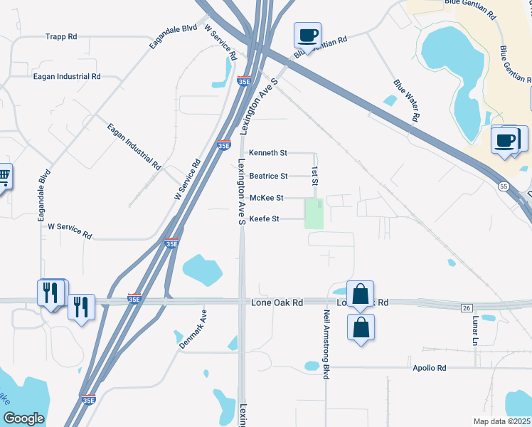 map of restaurants, bars, coffee shops, grocery stores, and more near 1069 Keefe Street in Eagan