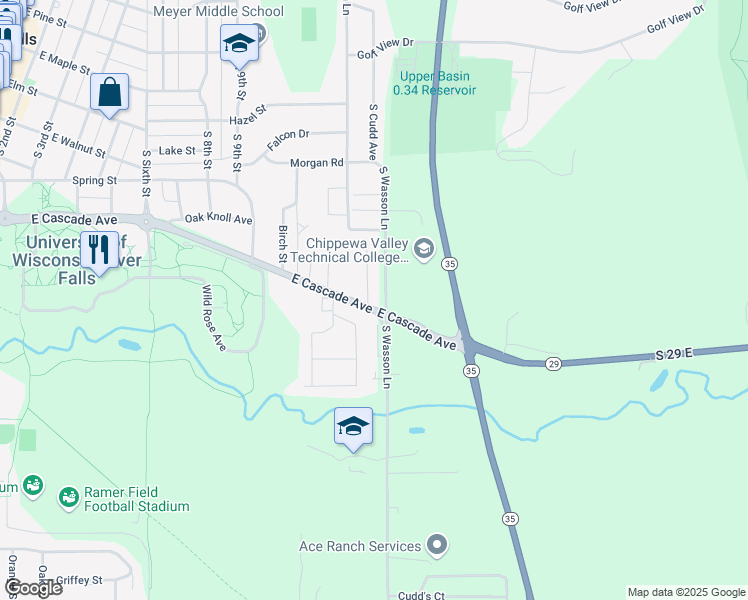 map of restaurants, bars, coffee shops, grocery stores, and more near 1077 East Cascade Avenue in River Falls