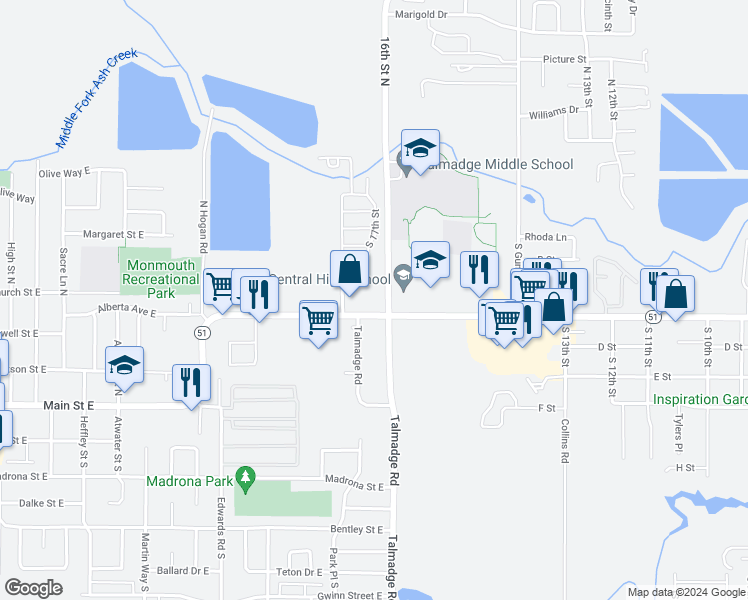 map of restaurants, bars, coffee shops, grocery stores, and more near 1650 Monmouth Independence Highway in Independence