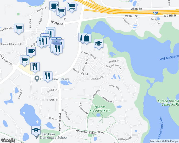 map of restaurants, bars, coffee shops, grocery stores, and more near 8387 Townsend Drive in Eden Prairie