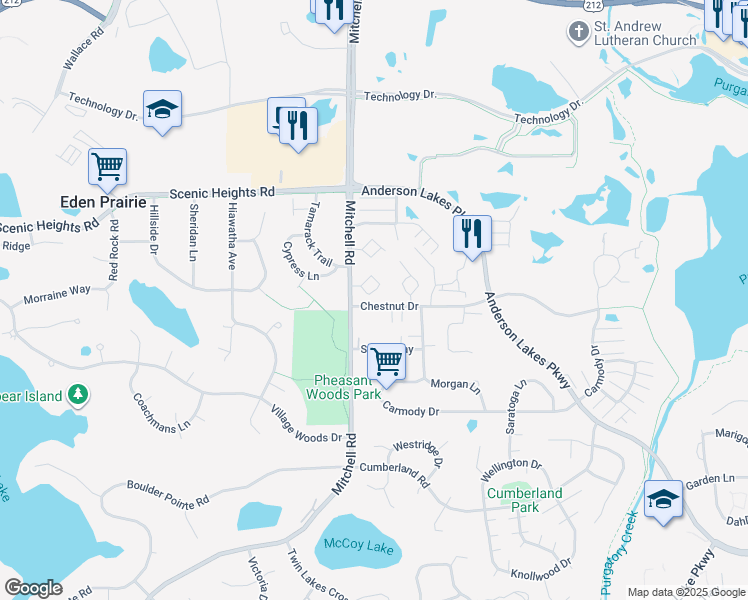 map of restaurants, bars, coffee shops, grocery stores, and more near 8375 Mitchell Road in Eden Prairie