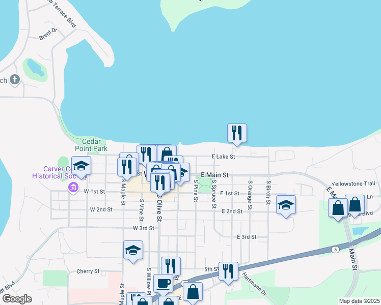 map of restaurants, bars, coffee shops, grocery stores, and more near 32 East Lake Street in Waconia