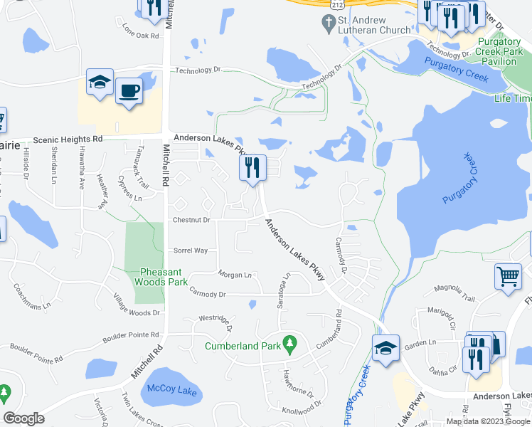 map of restaurants, bars, coffee shops, grocery stores, and more near 14004 Chestnut Drive in Eden Prairie