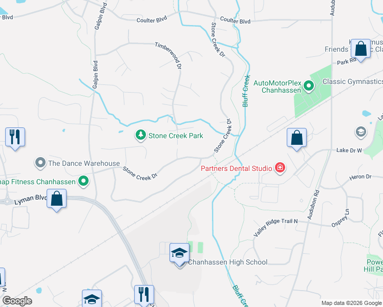 map of restaurants, bars, coffee shops, grocery stores, and more near 2066 Stone Creek Drive in Chanhassen