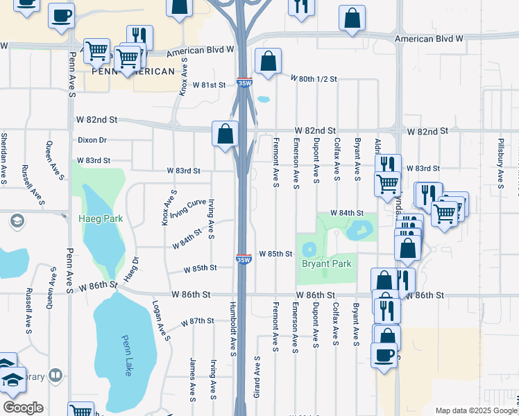 map of restaurants, bars, coffee shops, grocery stores, and more near 8350 Fremont Avenue South in Minneapolis