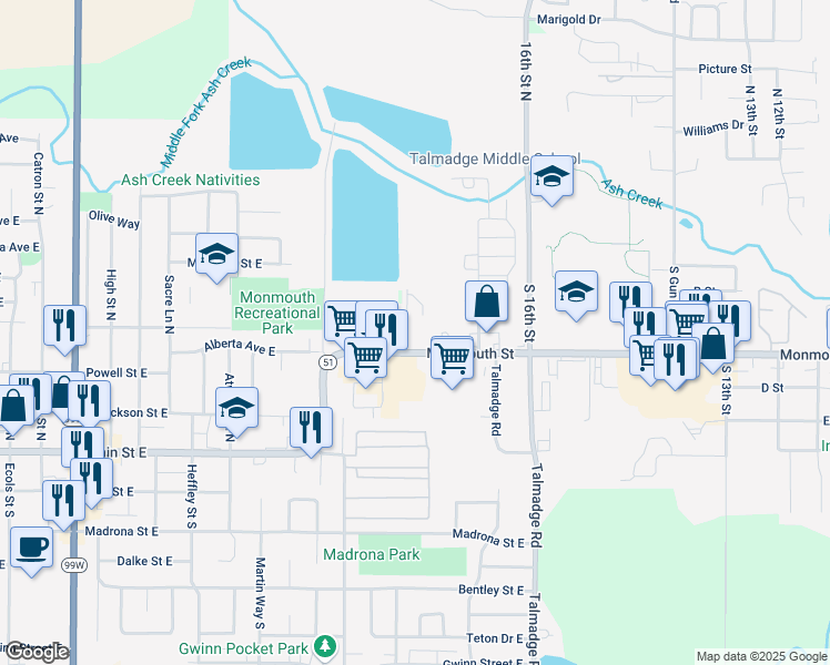 map of restaurants, bars, coffee shops, grocery stores, and more near 1800 Monmouth Street in Independence