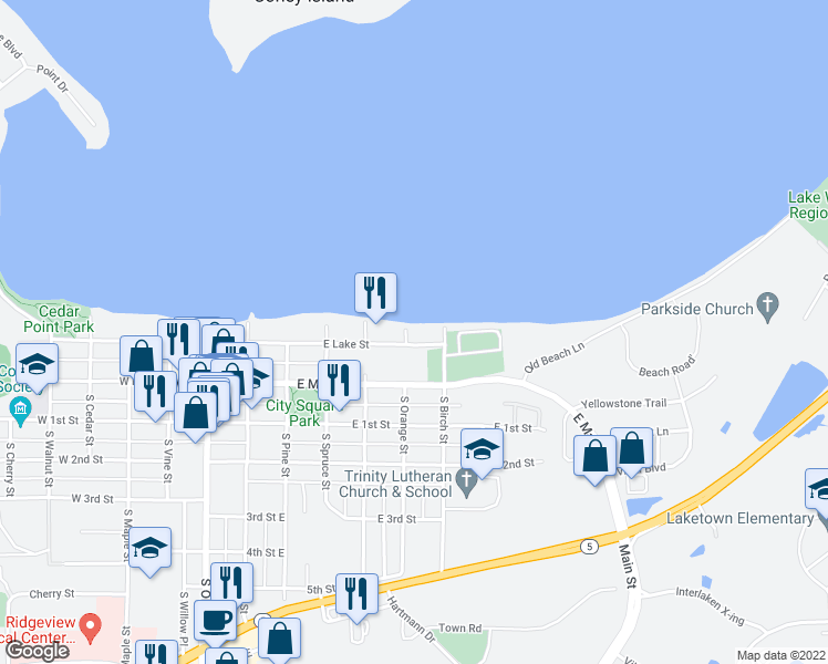 map of restaurants, bars, coffee shops, grocery stores, and more near 406 East Lake Street in Waconia