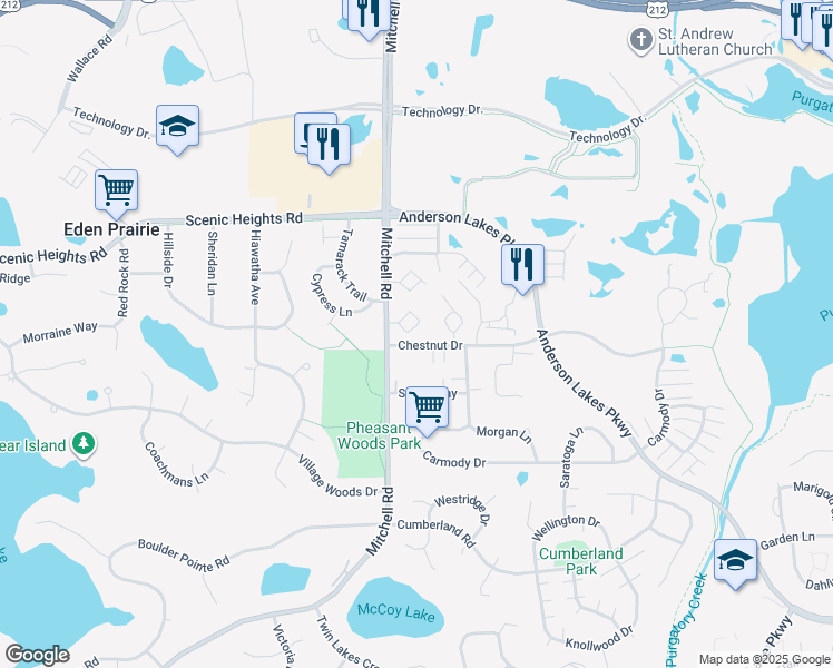 map of restaurants, bars, coffee shops, grocery stores, and more near 8375 Mitchell Road in Eden Prairie