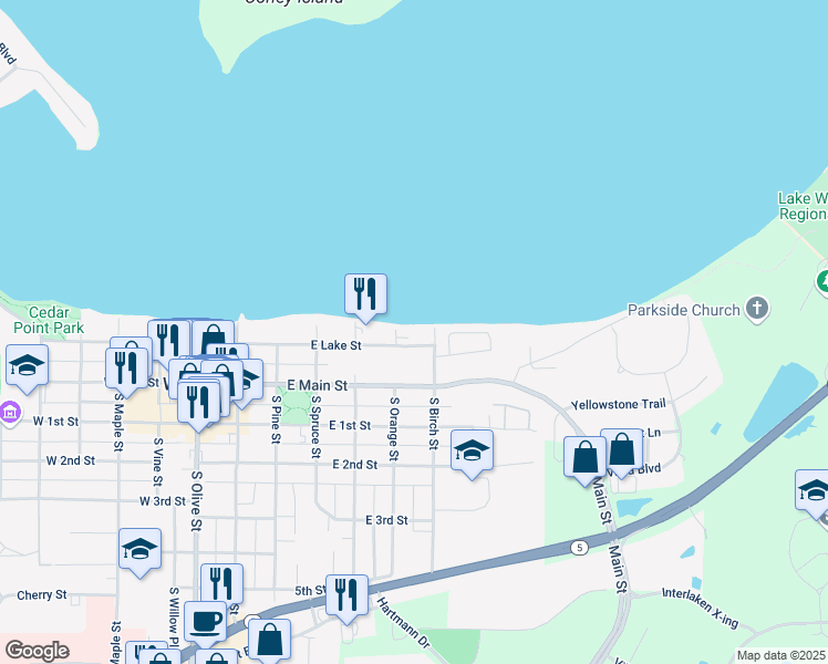 map of restaurants, bars, coffee shops, grocery stores, and more near 424 East Lake Street in Waconia