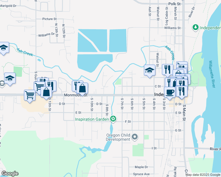 map of restaurants, bars, coffee shops, grocery stores, and more near 824 Monmouth Street in Independence