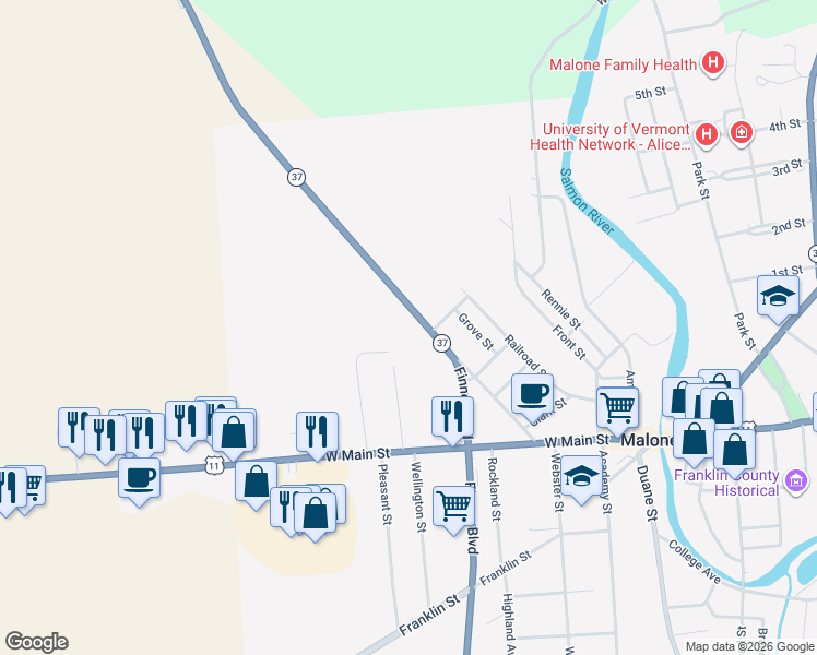 map of restaurants, bars, coffee shops, grocery stores, and more near 90 Fort Covington Street in Malone