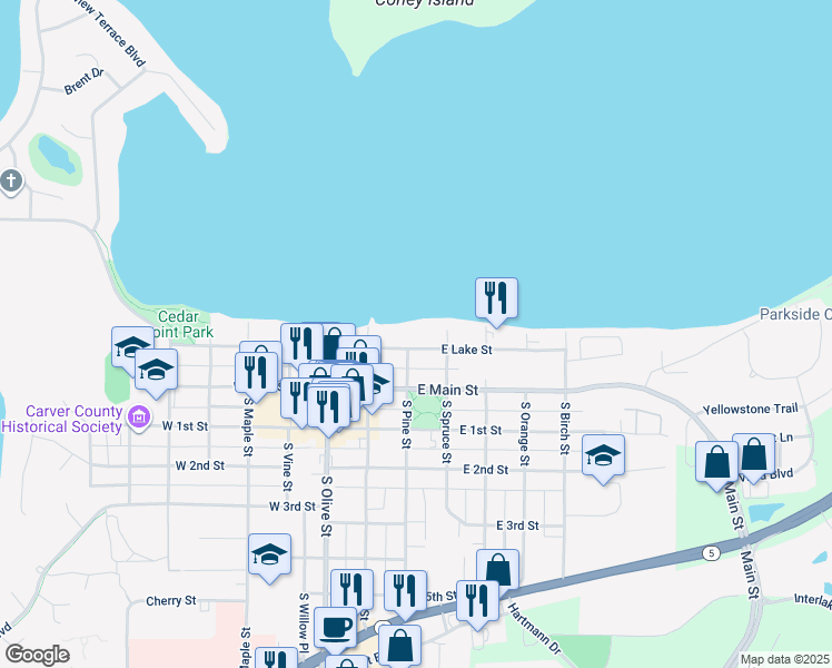 map of restaurants, bars, coffee shops, grocery stores, and more near 101 East Lake Street in Waconia