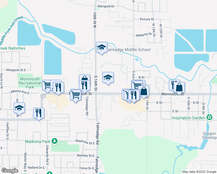 map of restaurants, bars, coffee shops, grocery stores, and more near 1530 Monmouth Street in Independence
