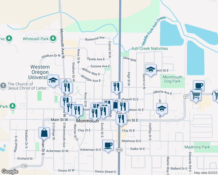 map of restaurants, bars, coffee shops, grocery stores, and more near 354 Catron Street North in Monmouth