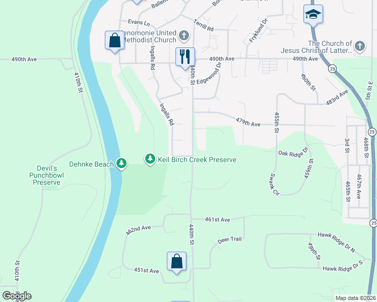 map of restaurants, bars, coffee shops, grocery stores, and more near 920 Wagner Road in Menomonie