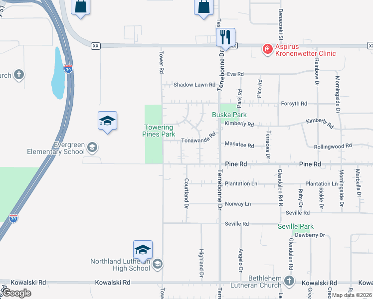 map of restaurants, bars, coffee shops, grocery stores, and more near 2305 Downing Drive in Mosinee