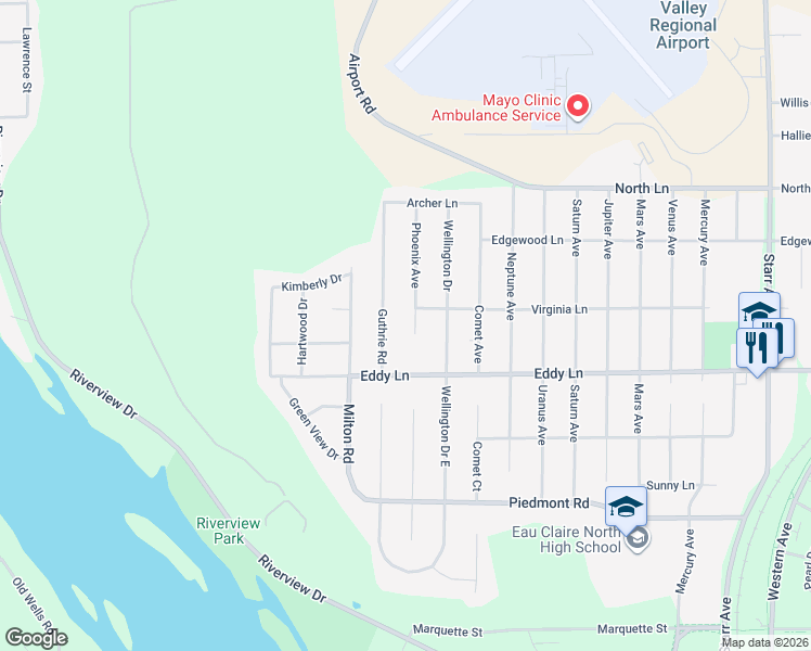 map of restaurants, bars, coffee shops, grocery stores, and more near 3032 Phoenix Avenue in Eau Claire