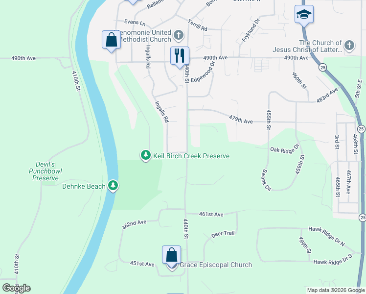 map of restaurants, bars, coffee shops, grocery stores, and more near 920 Wagner Road in Menomonie