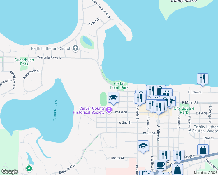 map of restaurants, bars, coffee shops, grocery stores, and more near 101 North Walnut Street in Waconia