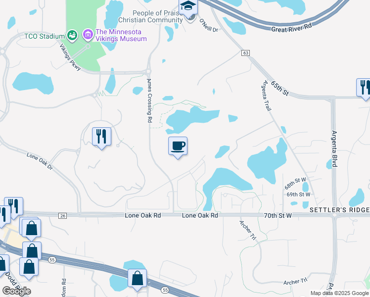 map of restaurants, bars, coffee shops, grocery stores, and more near 2900 Ames Crossing Road in Eagan