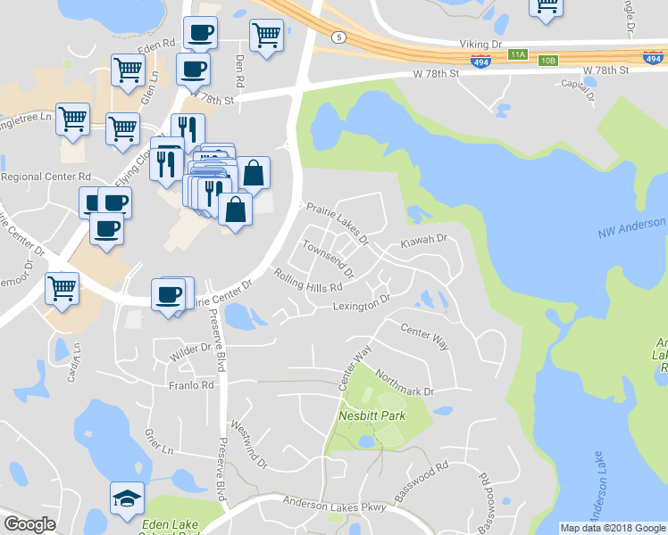 map of restaurants, bars, coffee shops, grocery stores, and more near 8365 Townsend Drive in Eden Prairie