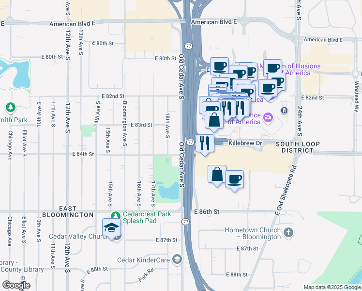 map of restaurants, bars, coffee shops, grocery stores, and more near 8400 Old Cedar Avenue South in Bloomington