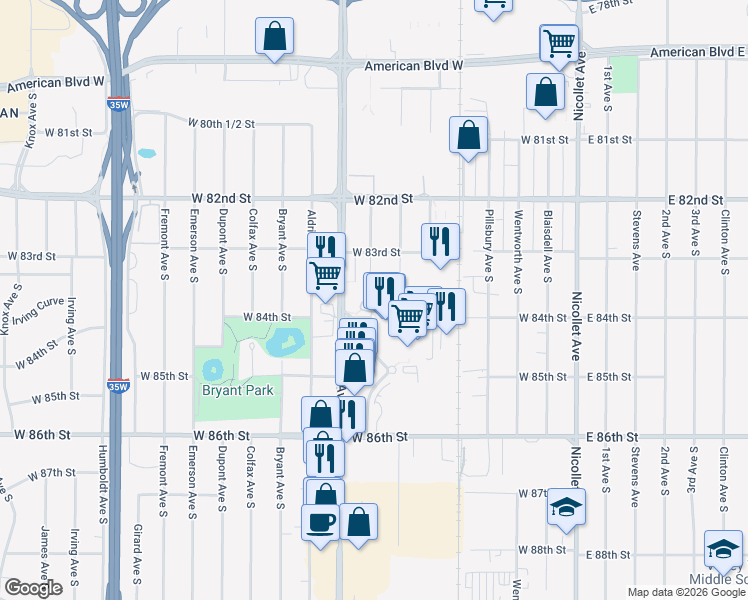map of restaurants, bars, coffee shops, grocery stores, and more near 8415 Lyndale Avenue South in Bloomington