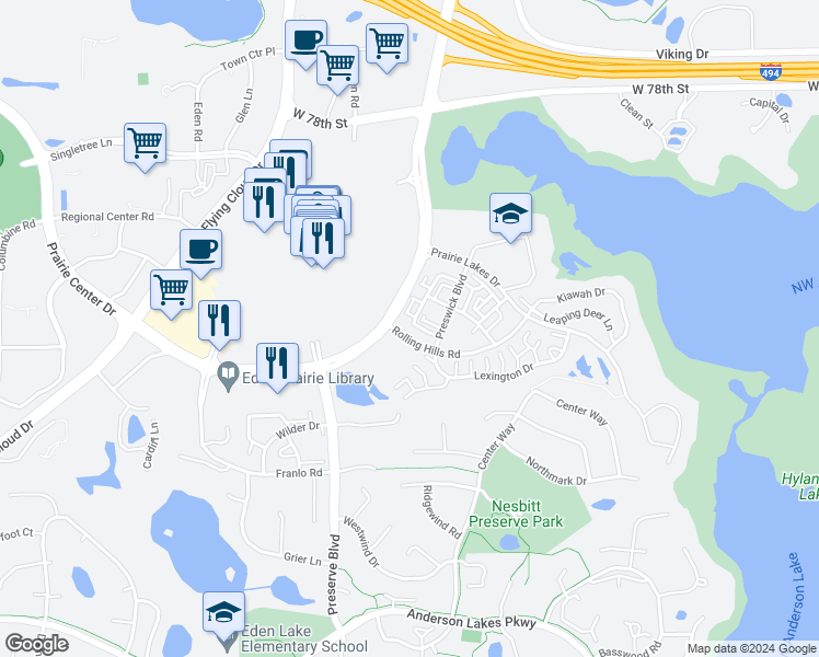 map of restaurants, bars, coffee shops, grocery stores, and more near 429 Prairie Center Drive in Eden Prairie